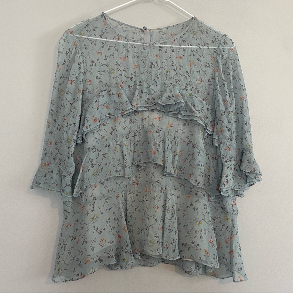 Rebecca Taylor Silk Mint Blue Floral Ruffly Blouse - Size 0